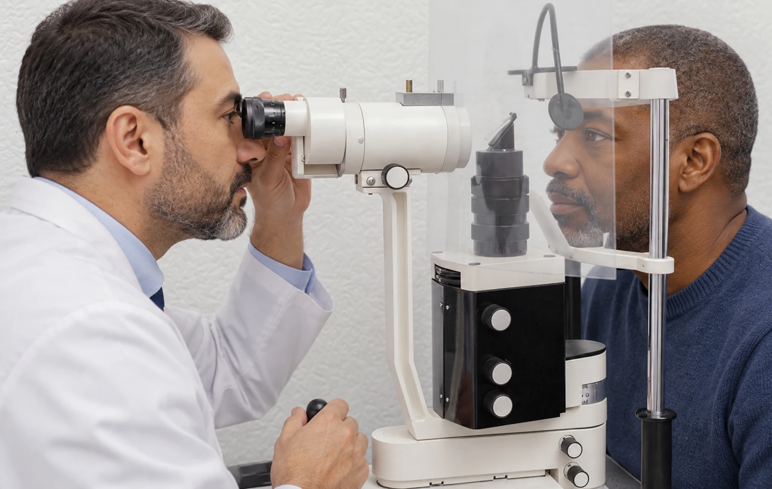 Examen de la vue d’un patient à la lampe à fente
