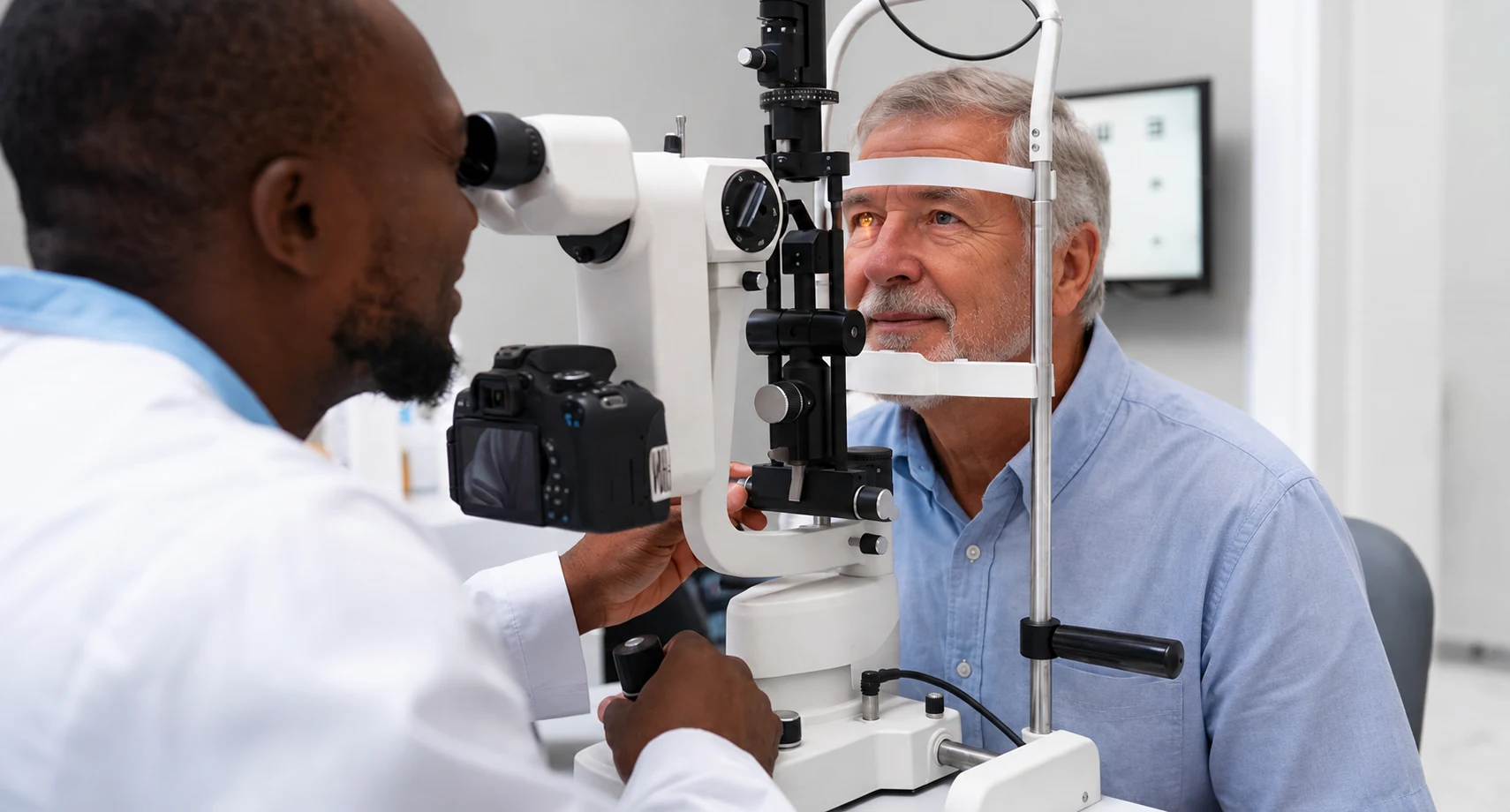 Examen de la vue d’un patient à la lampe à fente