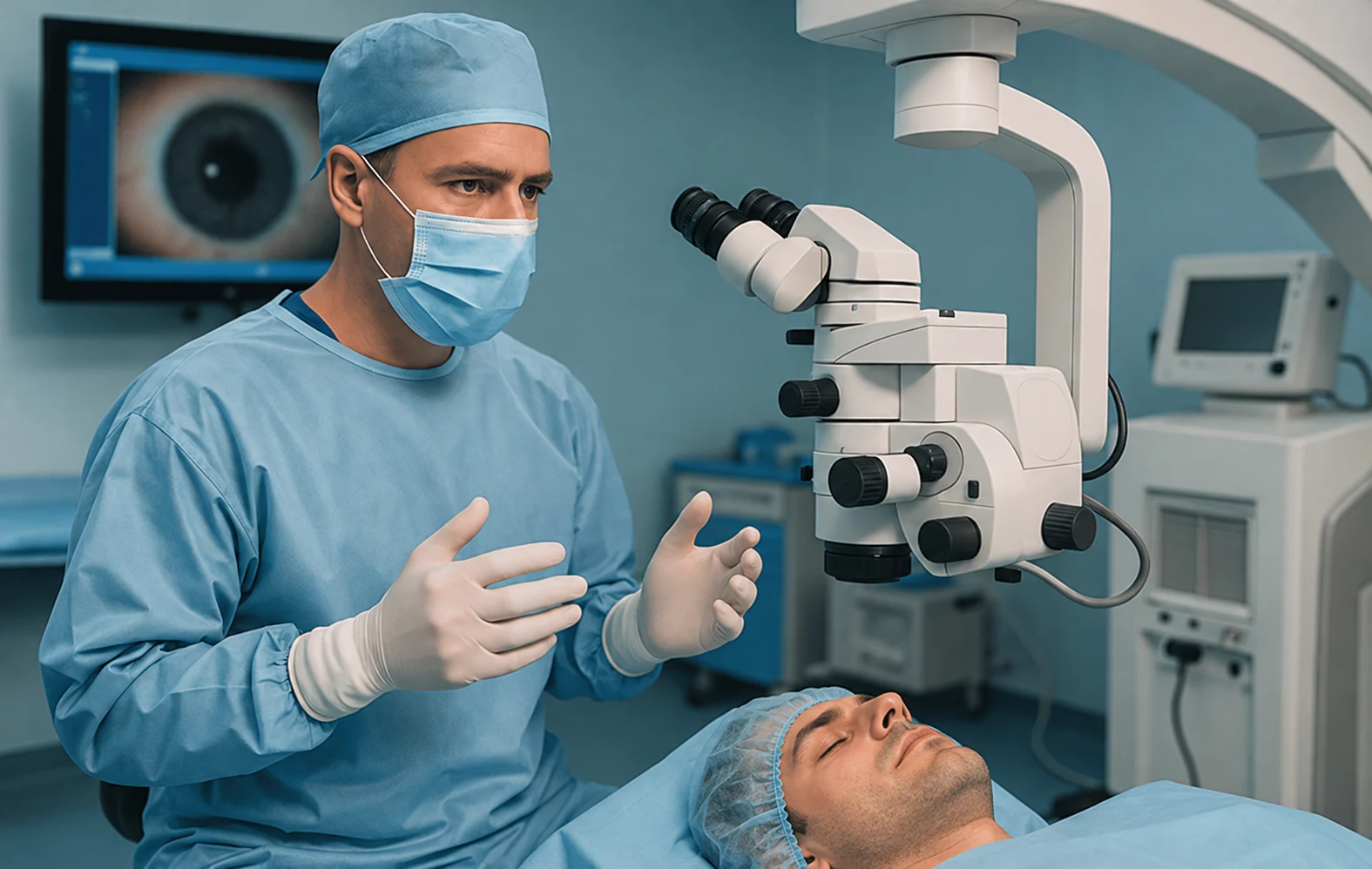Chirurgien auprès d’un microscope opératoire