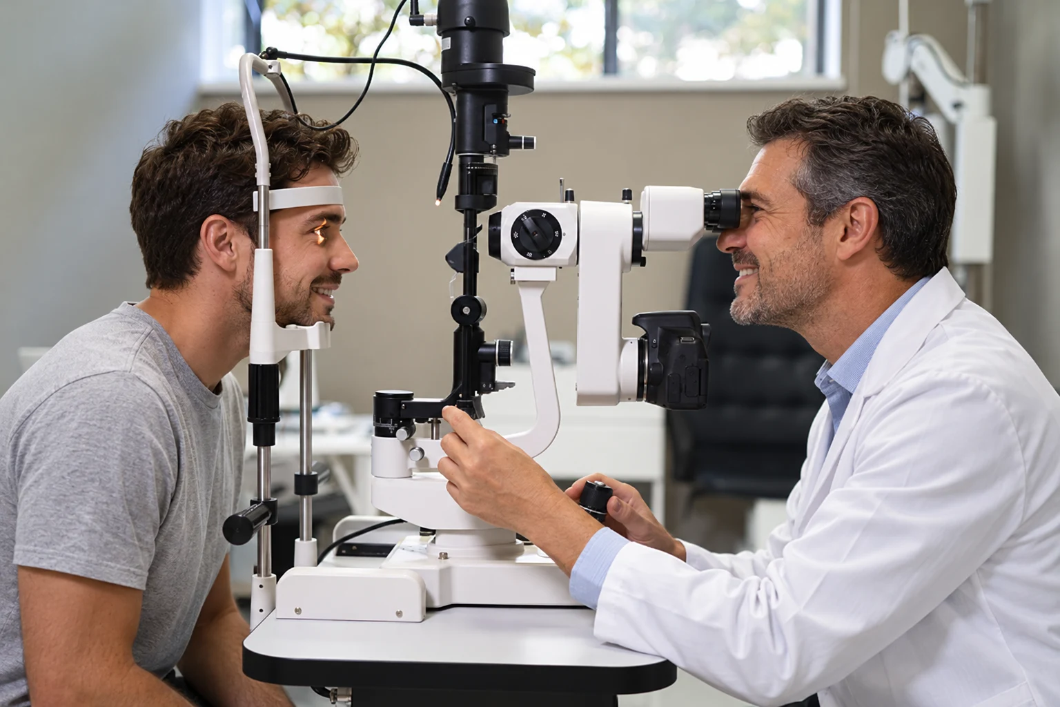Examen de la vue d’un patient à la lampe à fente