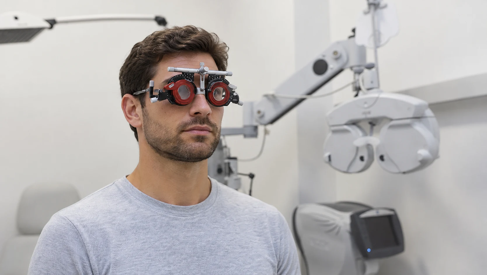 Patient portant une monture d’essai pendant un examen de la vue