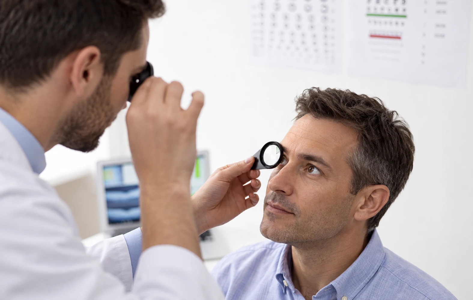 Examen de l’œil d’un patient avec une loupe