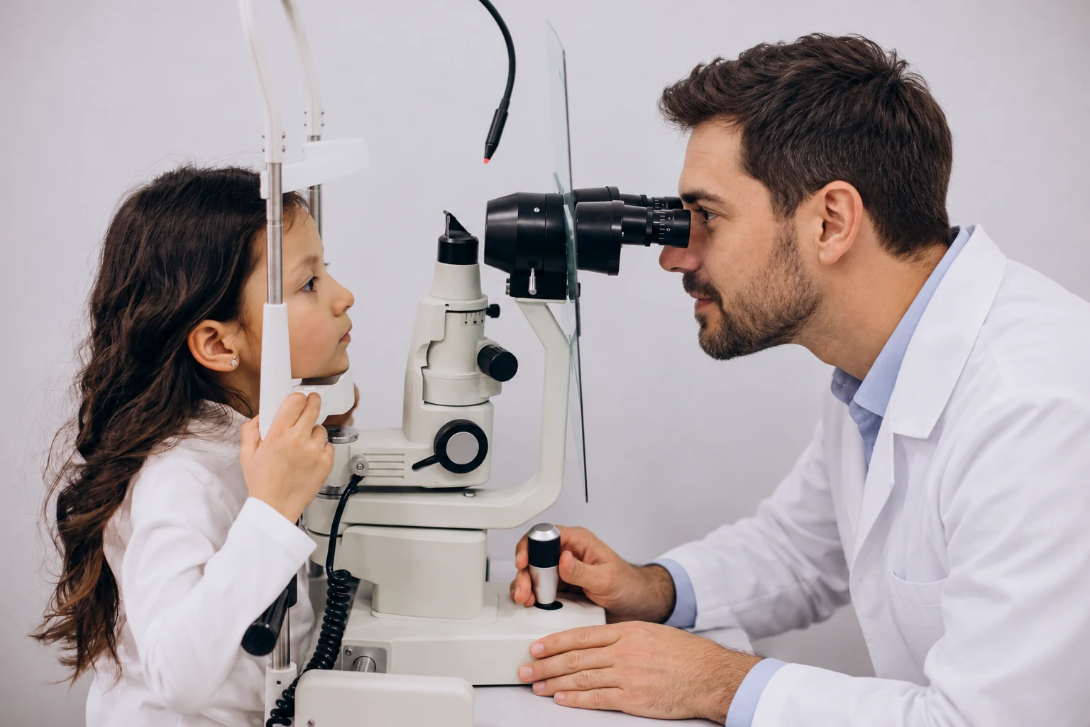 Examen des yeux d’une enfant à la lampe à fente