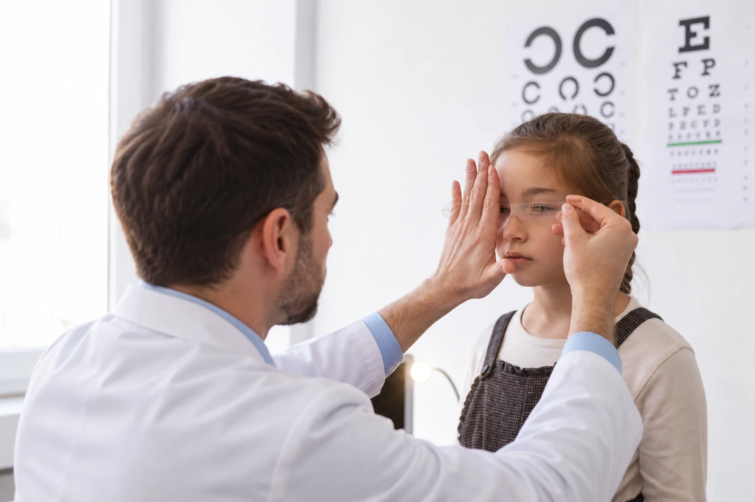 Examen de la vue d’une enfant par un professionnel de santé